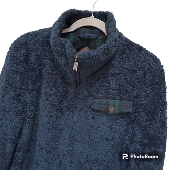 Pendleton Sherpa Fleece Zip Up Jacket Sz Large in Blue Green Faux Fur Plaid Trim - Picture 5 of 12